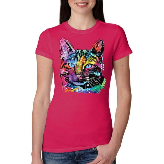 Cute Cat | Dean Russo Art Animal Lover Womens Slim Fit Junior Tee, Raspberry, X-Large