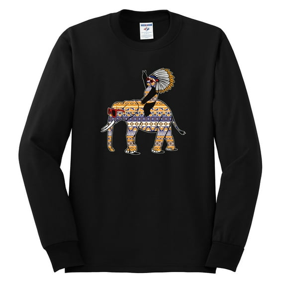 Wild Bobby, Cute Colorful Elephant Squirrel Mosaic, Animal Lover, Men Long Sleeve Shirt, Black, Small