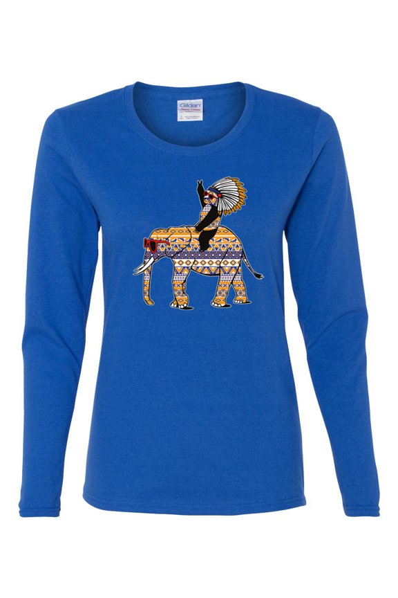 , Cute Colorful Elephant Squirrel Mosaic, Animal Lover, Women Graphic Long Sleeve Tee, Royal, Medium