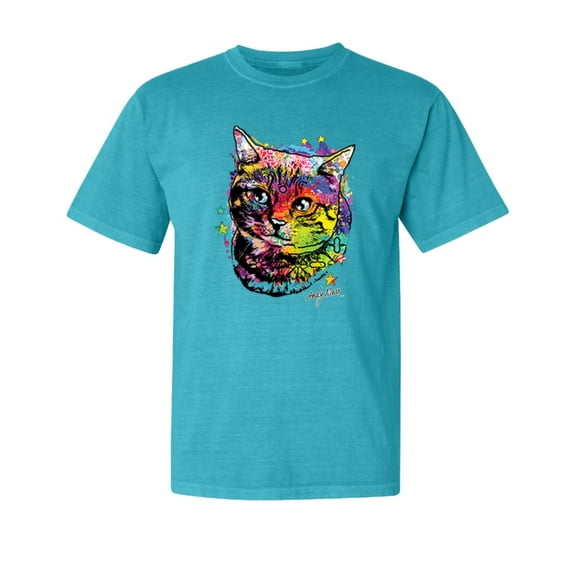 Wild Bobby,Cute Colorful Rainbow Cat Animal Lover Garment-Dyed Washed Look Short Sleeve Tees, Blue Lagoon, Small