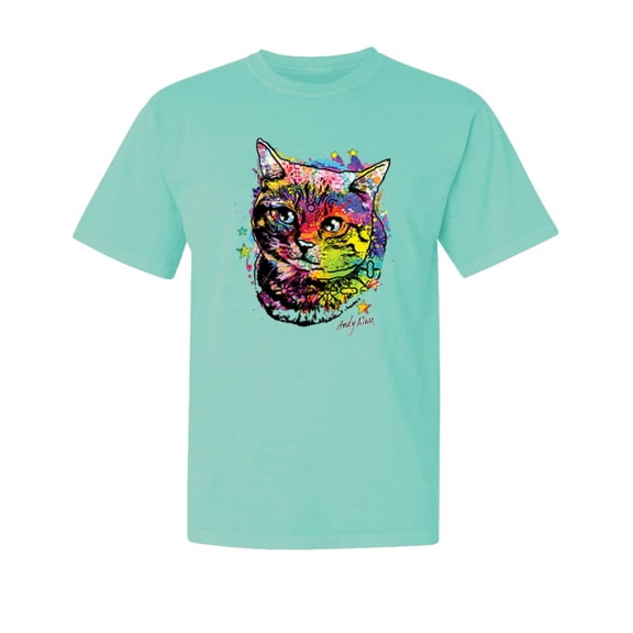 Wild Bobby,Cute Colorful Rainbow Cat Animal Lover Garment-Dyed Washed Look Short Sleeve Tees, Mint, Medium