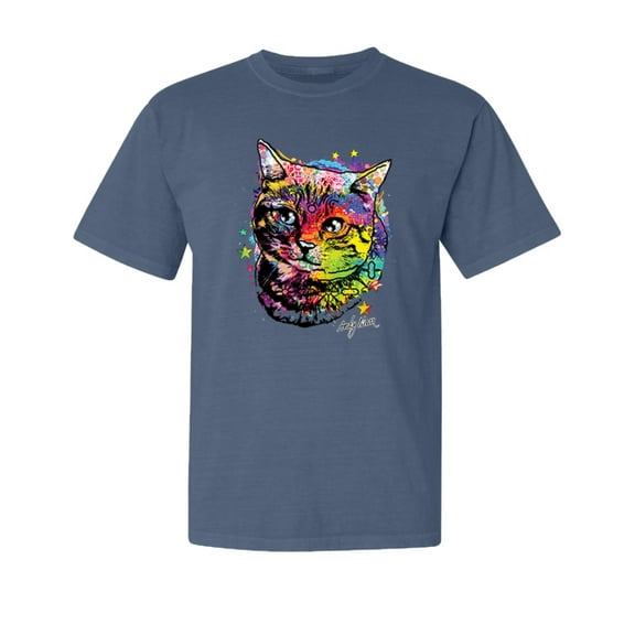 Wild Bobby,Cute Colorful Rainbow Cat Animal Lover Garment-Dyed Washed Look Short Sleeve Tees, Navy, X-Large