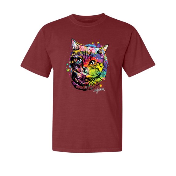 Wild Bobby,Cute Colorful Rainbow Cat Animal Lover Garment-Dyed Washed Look Short Sleeve Tees, Tomato, Large