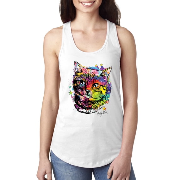 Wild Bobby, Cute Colorful Rainbow Cat Animal Lover Ladies Racerback Tank Top, White, X-Large