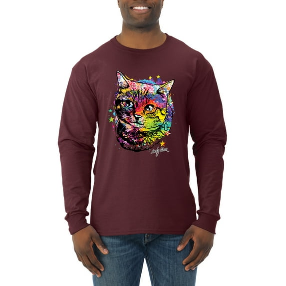 Wild Bobby, Cute Colorful Rainbow Cat Animal Lover Mens Long Sleeve Shirt, Maroon, Small