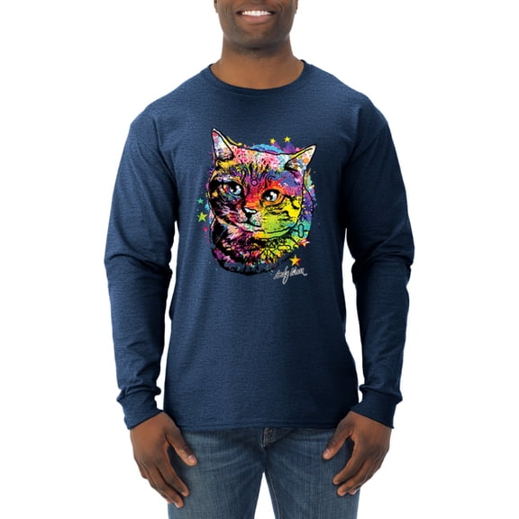 Wild Bobby, Cute Colorful Rainbow Cat Animal Lover Mens Long Sleeve Shirt, Vintage Heather Navy, Large