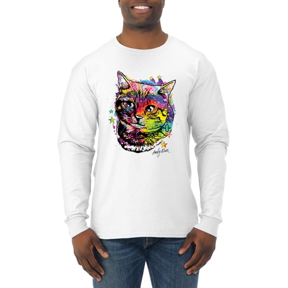 Wild Bobby, Cute Colorful Rainbow Cat Animal Lover Mens Long Sleeve Shirt, White, Medium