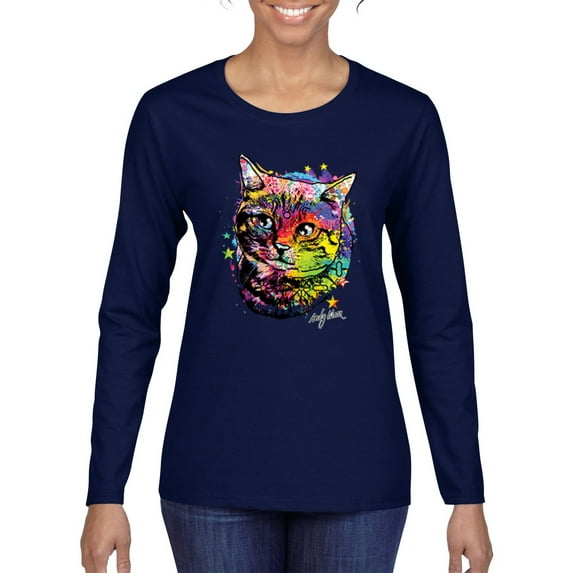 Wild Bobby, Cute Colorful Rainbow Cat Animal Lover Womens Graphic Long Sleeve T-Shirt, Navy, X-Large