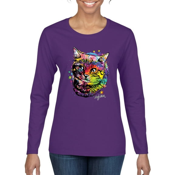 Wild Bobby, Cute Colorful Rainbow Cat Animal Lover Womens Graphic Long Sleeve T-Shirt, Purple, Medium