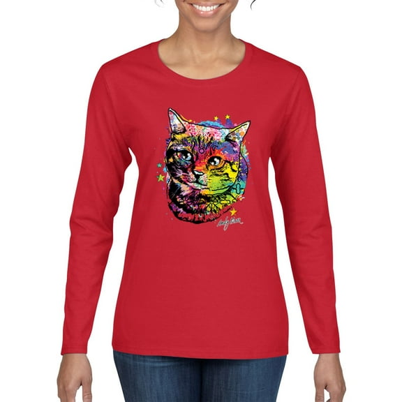 Wild Bobby, Cute Colorful Rainbow Cat Animal Lover Womens Graphic Long Sleeve T-Shirt, Red, 2XL