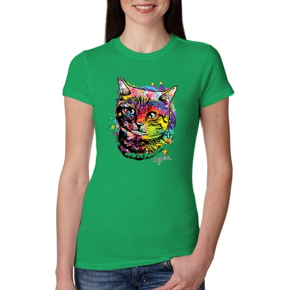 Cute Colorful Rainbow Cat Animal Lover Womens Slim Fit Junior Tee, Kelly, 2XL
