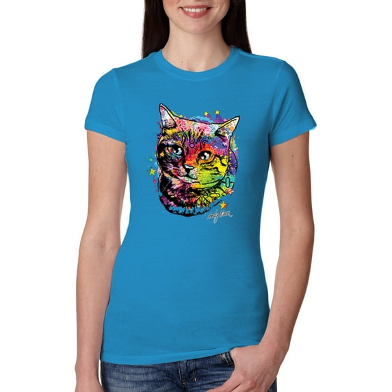 Cute Colorful Rainbow Cat Animal Lover Womens Slim Fit Junior Tee, Turquoise, Large