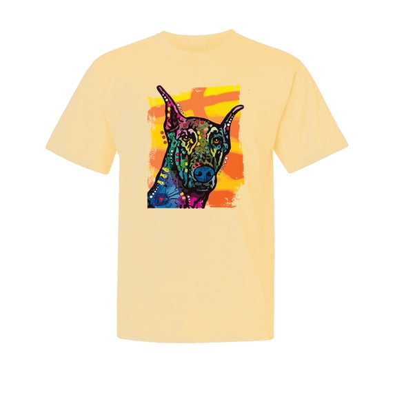 Wild Bobby,Cute Colorful Rainbow Doberman Dog Dog Lover Garment-Dyed Washed Look Short Sleeve Tees, Banana, Small