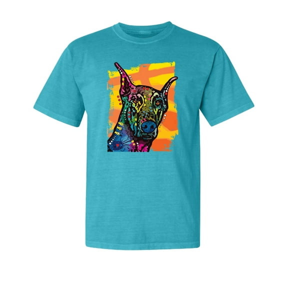 Wild Bobby,Cute Colorful Rainbow Doberman Dog Dog Lover Garment-Dyed Washed Look Short Sleeve Tees, Blue Lagoon, Large
