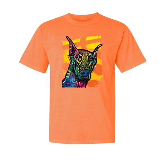 Wild Bobby,Cute Colorful Rainbow Doberman Dog Dog Lover Garment-Dyed Washed Look Short Sleeve Tees, Neon Orange, Medium