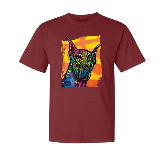 Wild Bobby,Cute Colorful Rainbow Doberman Dog Dog Lover Garment-Dyed Washed Look Short Sleeve Tees, Tomato, X-Large
