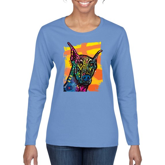 Wild Bobby, Cute Colorful Rainbow Doberman Dog Dog Lover Womens Graphic Long Sleeve T-Shirt, Light Blue, 2XL