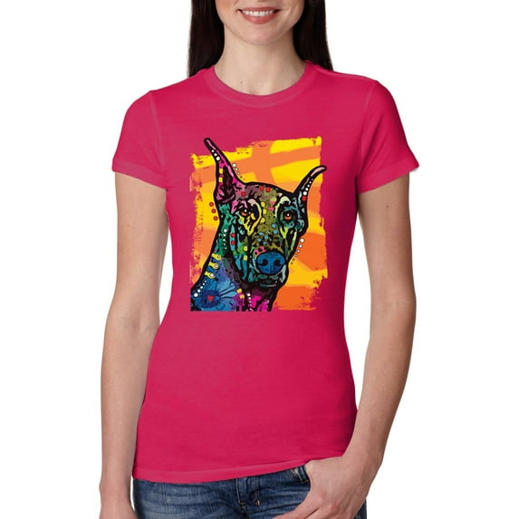 Wild Bobby, Cute Colorful Rainbow Doberman Dog Dog Lover Womens Slim Fit Junior Tee, Raspberry, Medium
