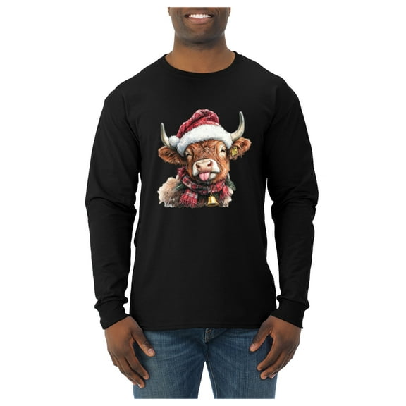 Wild Bobby Cute Fluffy Christmas Cow with Santa Hat, Cute Christmas Design Sweater | Holiday Men Long Sleeve Shirt