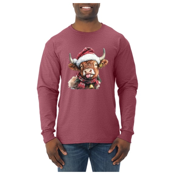 Wild Bobby Cute Fluffy Christmas Cow with Santa Hat, Cute Christmas Design Sweater | Holiday Men Long Sleeve Shirt