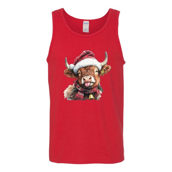 Wild Bobby Cute Fluffy Christmas Cow with Santa Hat, Cute Christmas Design Sweater | Holiday Men Tank Top