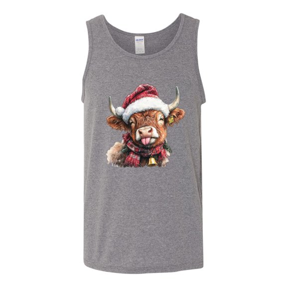 Wild Bobby Cute Fluffy Christmas Cow with Santa Hat, Cute Christmas Design Sweater | Holiday Men Tank Top