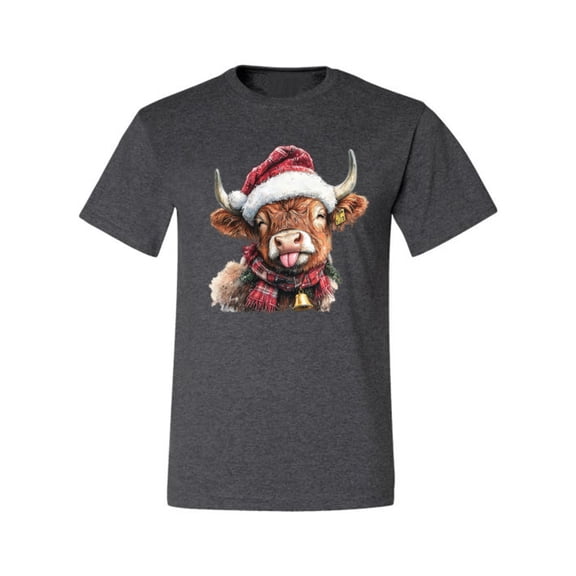 Wild Bobby Cute Fluffy Christmas Cow with Santa Hat, Cute Christmas Design Sweater | Holiday Men Tee