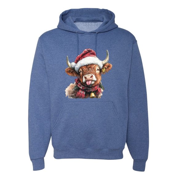 Wild Bobby Cute Fluffy Christmas Cow with Santa Hat, Cute Christmas Design Sweater | Holiday Unisex Hoodie Sweatshirt