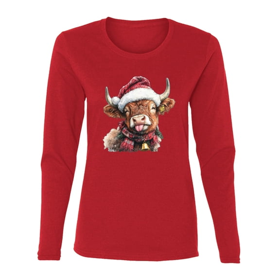 Wild Bobby Cute Fluffy Christmas Cow with Santa Hat, Cute Christmas Design Sweater | Holiday Women Graphic Long Sleeve Tee