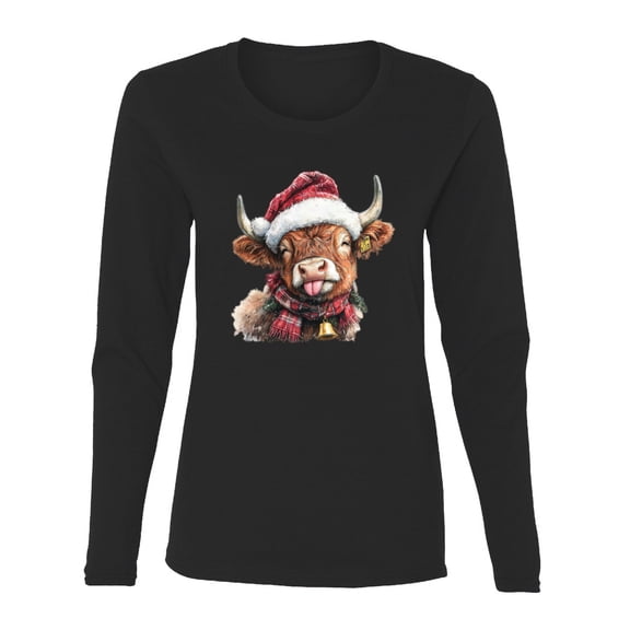 Wild Bobby Cute Fluffy Christmas Cow with Santa Hat, Cute Christmas Design Sweater | Holiday Women Graphic Long Sleeve Tee