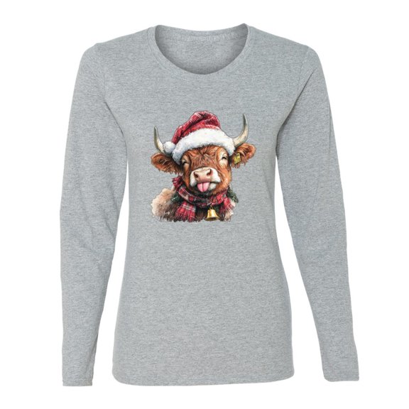 Wild Bobby Cute Fluffy Christmas Cow with Santa Hat, Cute Christmas Design Sweater | Holiday Women Graphic Long Sleeve Tee