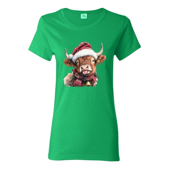 Wild Bobby Cute Fluffy Christmas Cow with Santa Hat, Cute Christmas Design Sweater | Holiday Women Graphic Tee