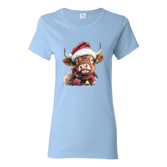 Wild Bobby Cute Fluffy Christmas Cow with Santa Hat, Cute Christmas Design Sweater | Holiday Women Graphic Tee