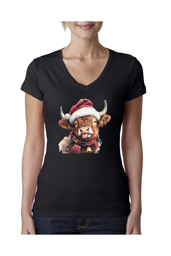 Cute Fluffy Christmas Cow with Santa Hat, Cute Christmas Design Sweater | Holiday Women Junior Fit V-Neck Tee