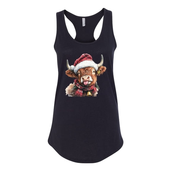 Wild Bobby Cute Fluffy Christmas Cow with Santa Hat, Cute Christmas Design Sweater | Holiday Women Racerback Tank Top