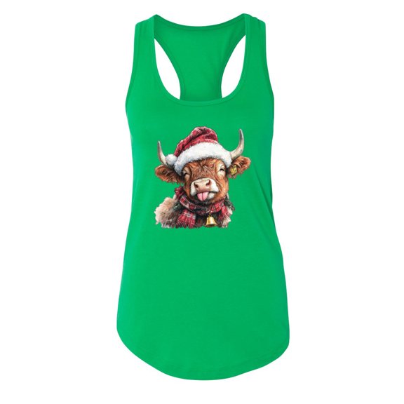 Wild Bobby Cute Fluffy Christmas Cow with Santa Hat, Cute Christmas Design Sweater | Holiday Women Racerback Tank Top