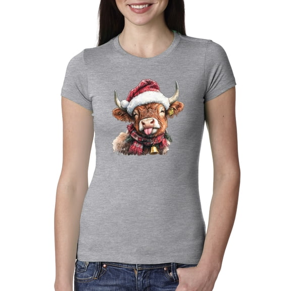 Wild Bobby Cute Fluffy Christmas Cow with Santa Hat, Cute Christmas Design Sweater | Holiday Women Slim Fit Junior Tee