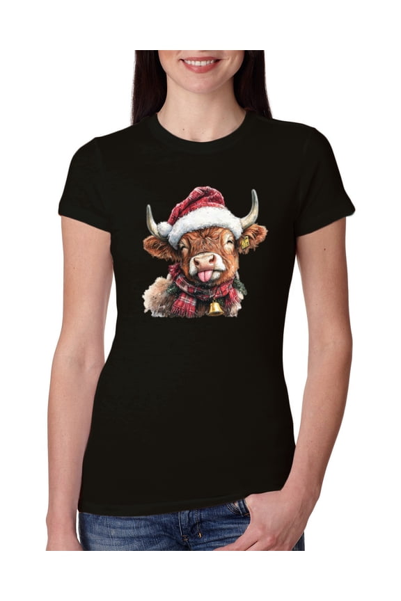 Cute Fluffy Christmas Cow with Santa Hat, Cute Christmas Design Sweater | Holiday Women Slim Fit Junior Tee