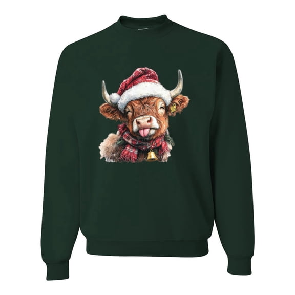 Wild Bobby Cute Fluffy Christmas Cow with Santa Hat, Cute Christmas Design. Unisex Sweater Crewneck Sweatshirt