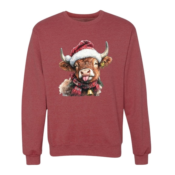 Wild Bobby Cute Fluffy Christmas Cow with Santa Hat, Cute Christmas Design. Unisex Sweater Crewneck Sweatshirt