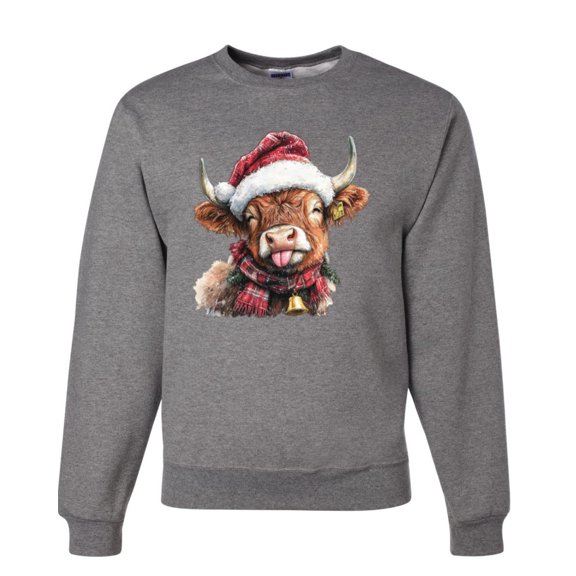 Wild Bobby Cute Fluffy Christmas Cow with Santa Hat, Cute Christmas Design. Unisex Sweater Crewneck Sweatshirt