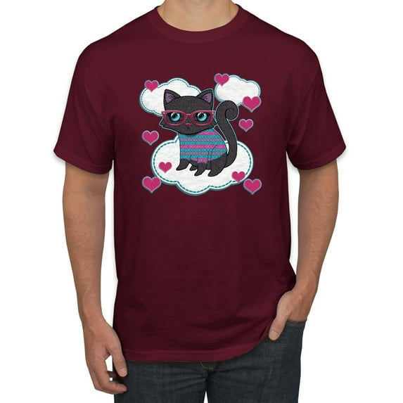 Wild Bobby, Cute Geek Smart Kitten Cat Wearing Glasses, Animal Lover, Men Graphic Tees, Maroon, Large