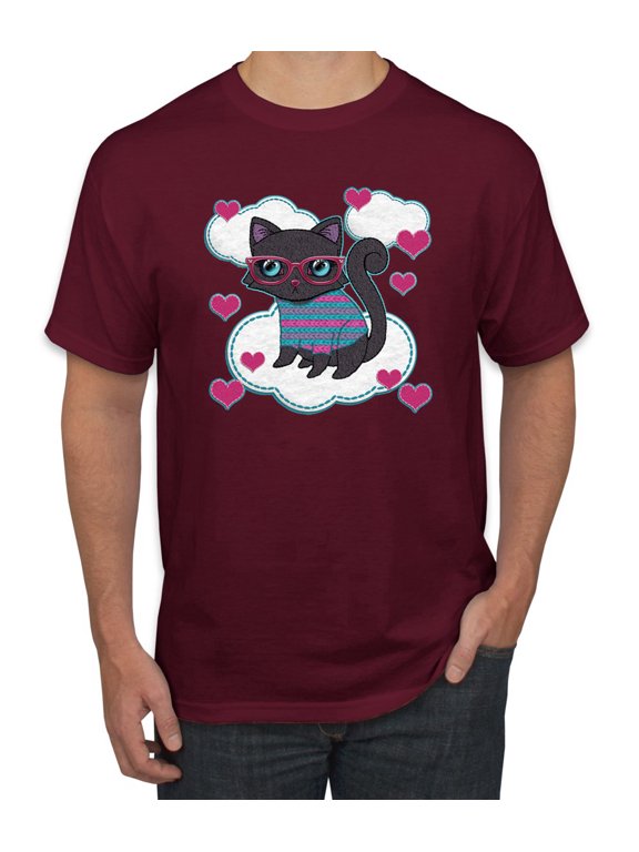 , Cute Geek Smart Kitten Cat Wearing Glasses, Animal Lover, Men Graphic Tees, Maroon, X-Large
