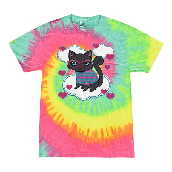 Wild Bobby, Cute Geek Smart Kitten Cat Wearing Glasses, Animal Lover, Tie-Dye Tees, Minty Rainbow, Large