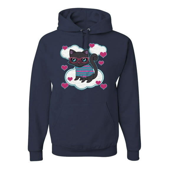 Wild Bobby, Cute Geek Smart Kitten Cat Wearing Glasses, Animal Lover, Unisex Graphic Hoodie Sweatshirt, Navy, Small