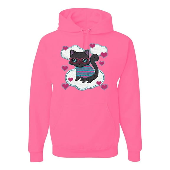 Wild Bobby, Cute Geek Smart Kitten Cat Wearing Glasses, Animal Lover, Unisex Graphic Hoodie Sweatshirt, Neon Pink, 2XL