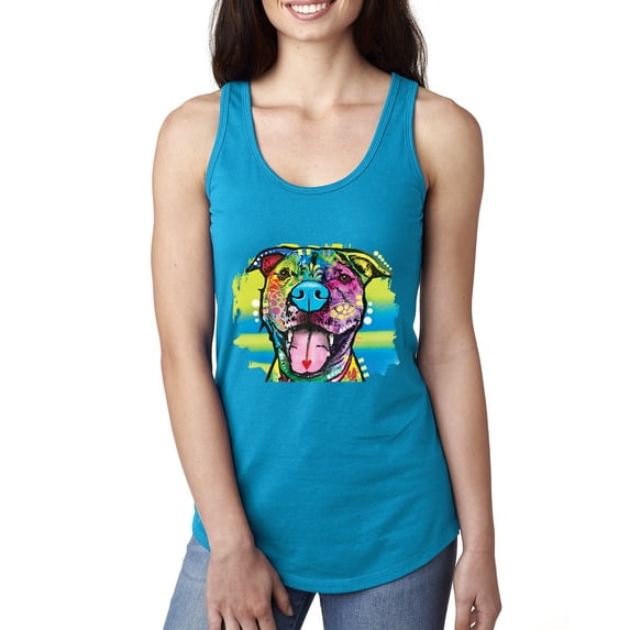 Wild Bobby, Cute Happy Smiling Dog Dean Russo Rainbow Pitbull | Womens Dog Lover Jersey Racerback Tank Top, Turquoise, X-Large