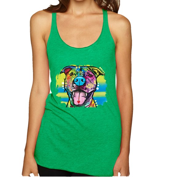 Wild Bobby, Cute Happy Smiling Dog Dean Russo Rainbow Pitbull | Womens Dog Lover Premium Tri-Blend Racerback Tank Top, Envy, Medium