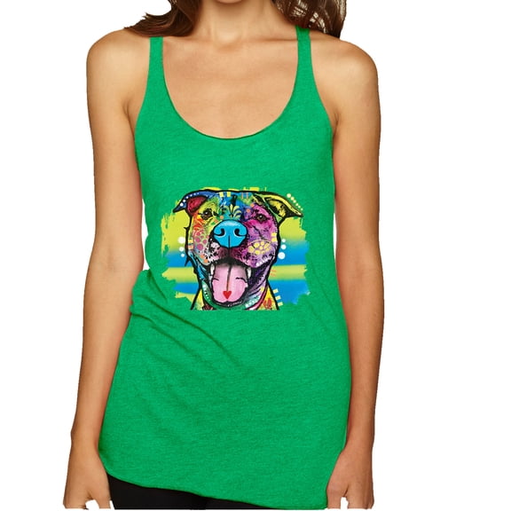 Wild Bobby, Cute Happy Smiling Dog Dean Russo Rainbow Pitbull | Womens Dog Lover Premium Tri-Blend Racerback Tank Top, Envy, X-Large
