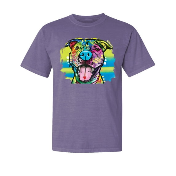 Wild Bobby,Cute Happy Smiling Dog Rainbow Pitbull Dog Lover Garment-Dyed Washed Look Short Sleeve Tees, Purple, Medium